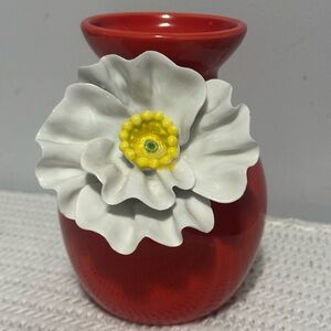 Anthopologie Red Ceramic Vase with White Flower Accent